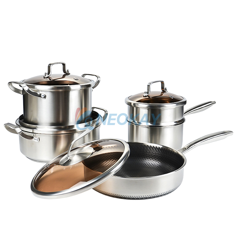 9pcs 18/8 Stainless Steel Non-Stick Household Kitchen Pot Set Soup Pot Frying Pot Frying Pot Set Kitchen Pan Set