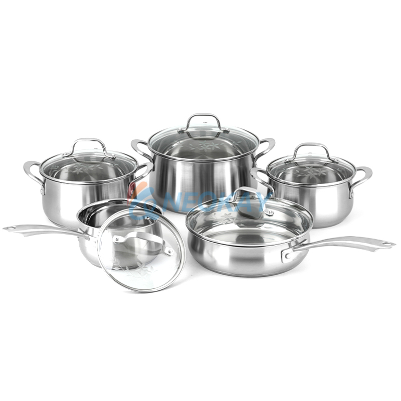 鍋具和平底鍋 10 件套不銹鋼廚房炊具帶保溫手柄和倒嘴可用洗碗機清洗銀色