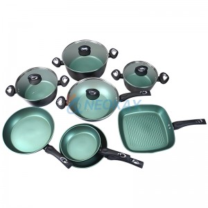 13-Piece Hard Anodized Aluminum Cookware Set Pots and Pans Green Bakelite Handles