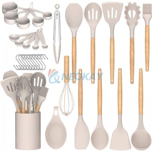 Kitchen Utensil Set Silicone Cooking Utensils -Fungun 23 pcs Kitchen Utensils Tools Wooden Handle Spoons Spatulas Set Cookware