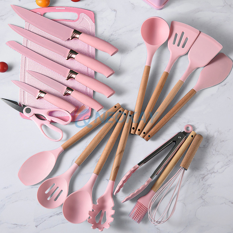Silicone Cookware Set 19-Piece Cooking Spatula Spoon Wooden Handle