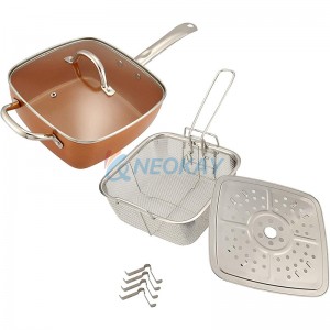 All in One Pan Copper Pan Nonstick Deep Square Induction Fry Pan with Glass LidStainless Steel Fry BasketSteamer Rack 4 PCS Set