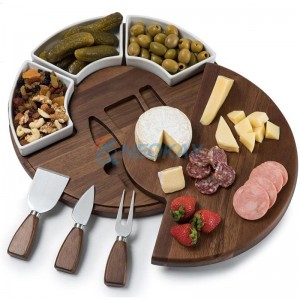 大號奶酪切菜板熟食和刀具套裝 - 圓形獨特旋轉竹熟食板套裝，適合派對
