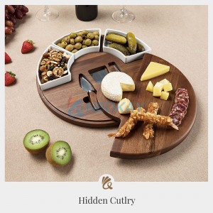 Large Cheese Cutting Board Charcuterie & Knife Set – Round Unique Swivel Bamboo Charcuterie Board Set For Parties